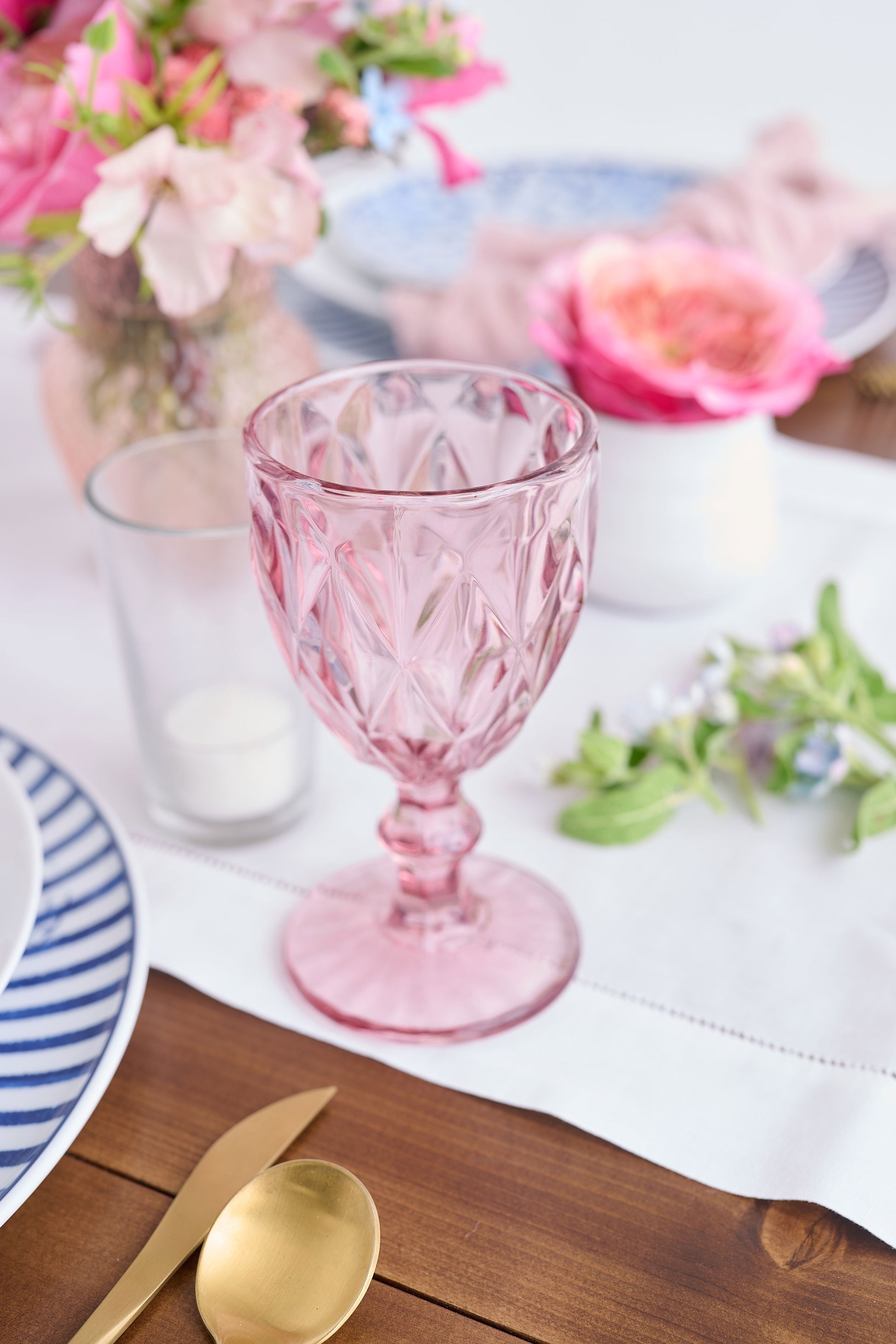 Pink water glass.